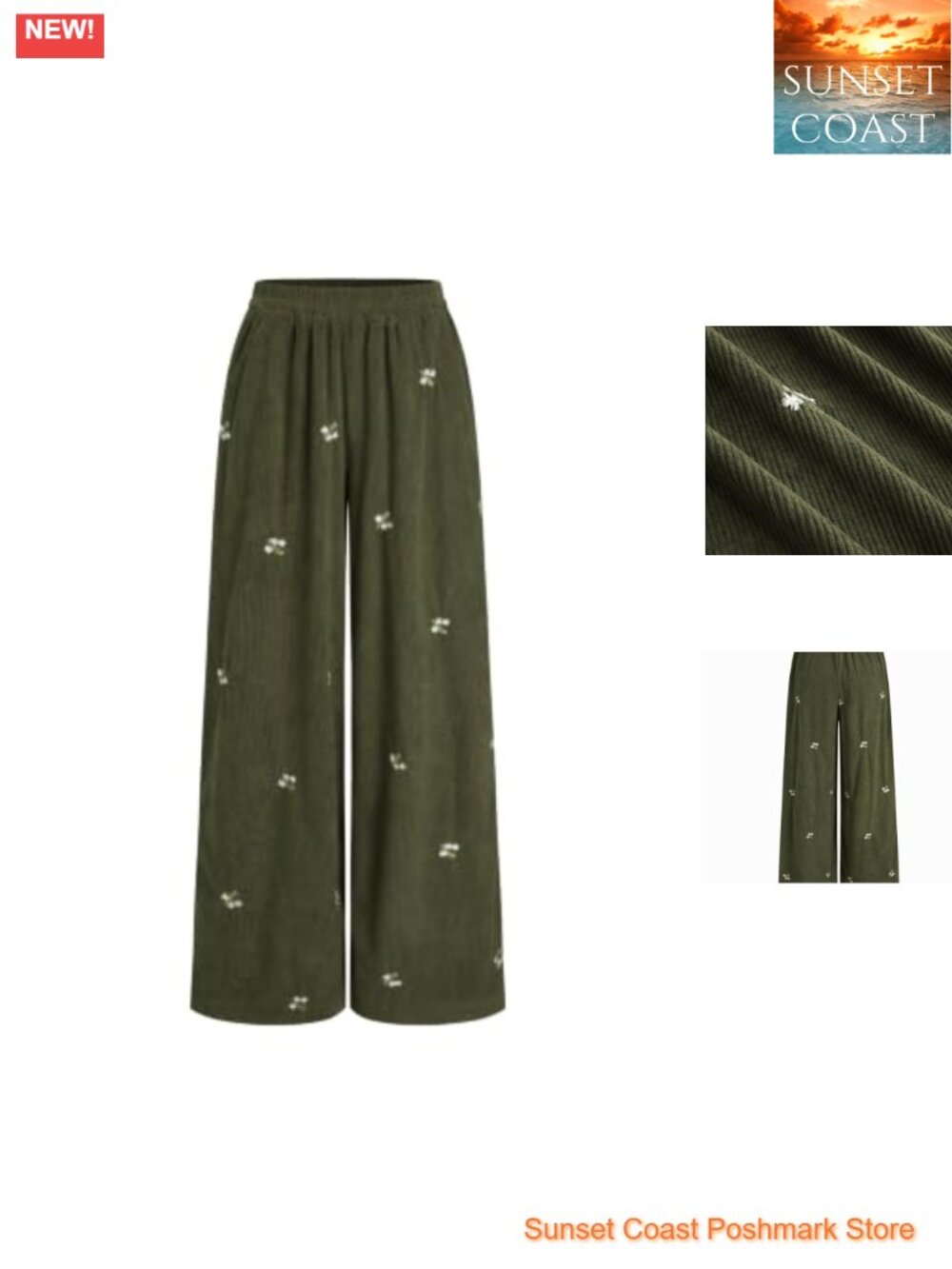 Wide Leg Corduroy Pants Floral Embroidered Elastic Waist Trousers